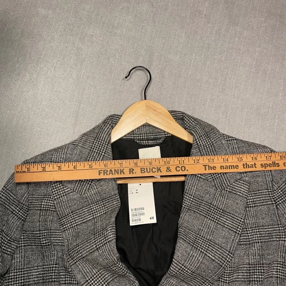H&M Plaid Double Breasted Blazer Suit Jacket Women 14 Gray Black White NWT Heavy